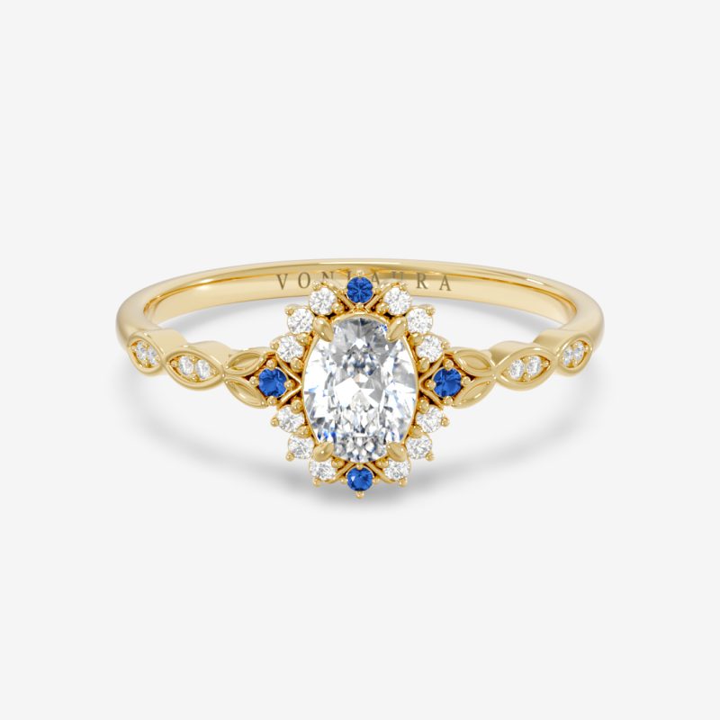 Helena – Oval Engagement Ring with Diamonds & Sapphire Accents